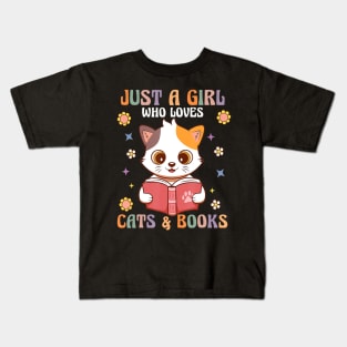 Retro Groovy Just A Girl Who Loves Books And Cats Book Lover Kids T-Shirt